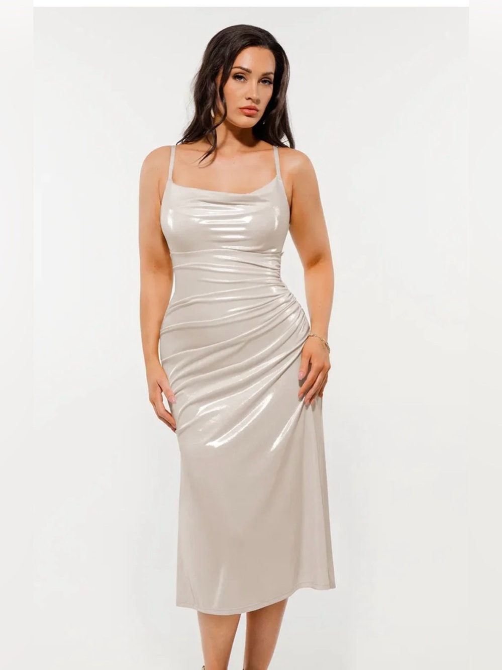 Popilush Metallic Cowl Neck Side Ruched Sculpting Tummy Control Midi Dress XL